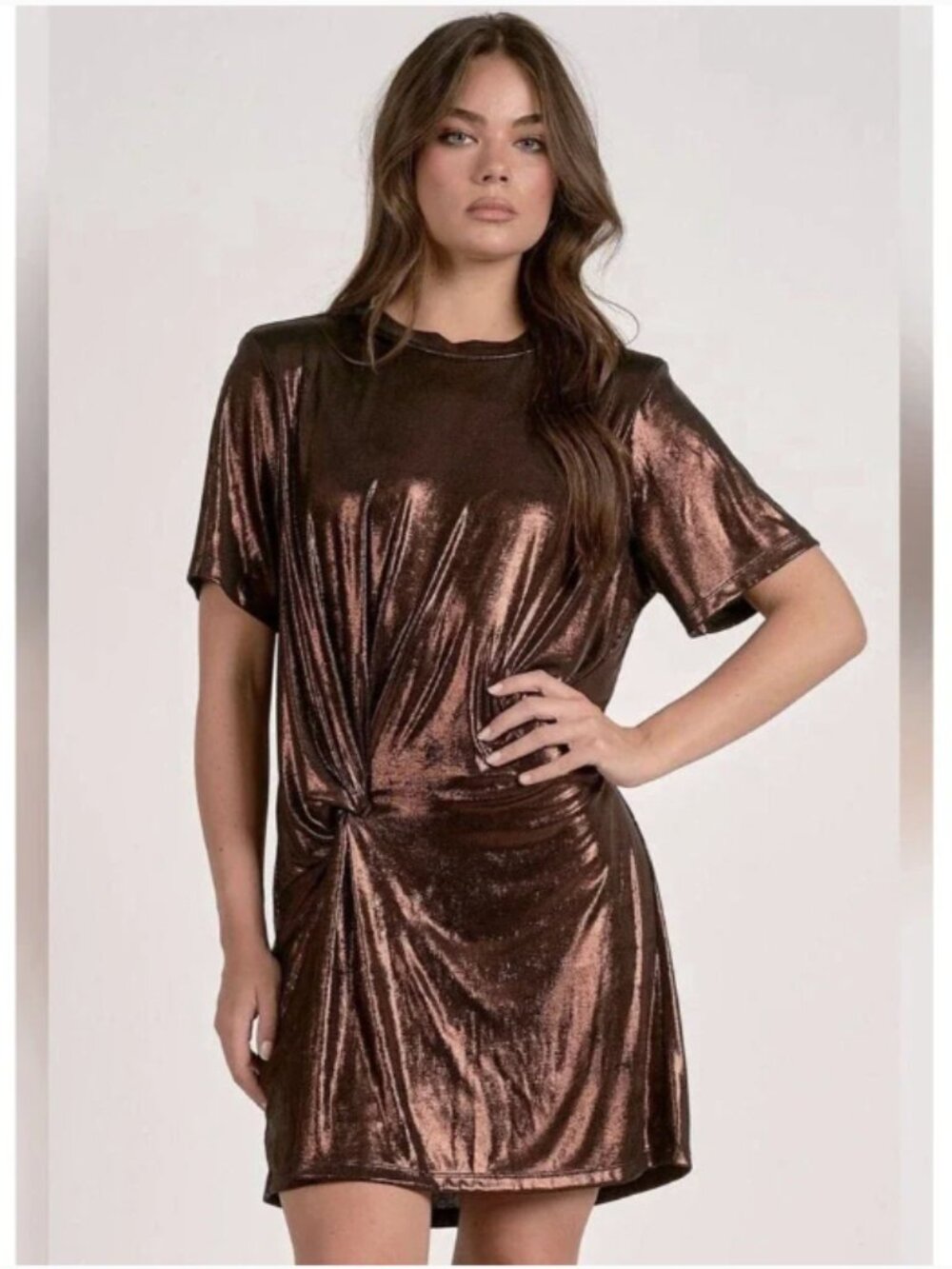 Elan Knotted Mini Tee Shirt / T-Shirt Dress Metallic Crew Neck Short Sleeve - L
